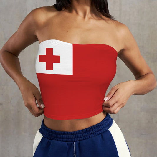 Woman wearing strapless top with red cross design, [Brand].