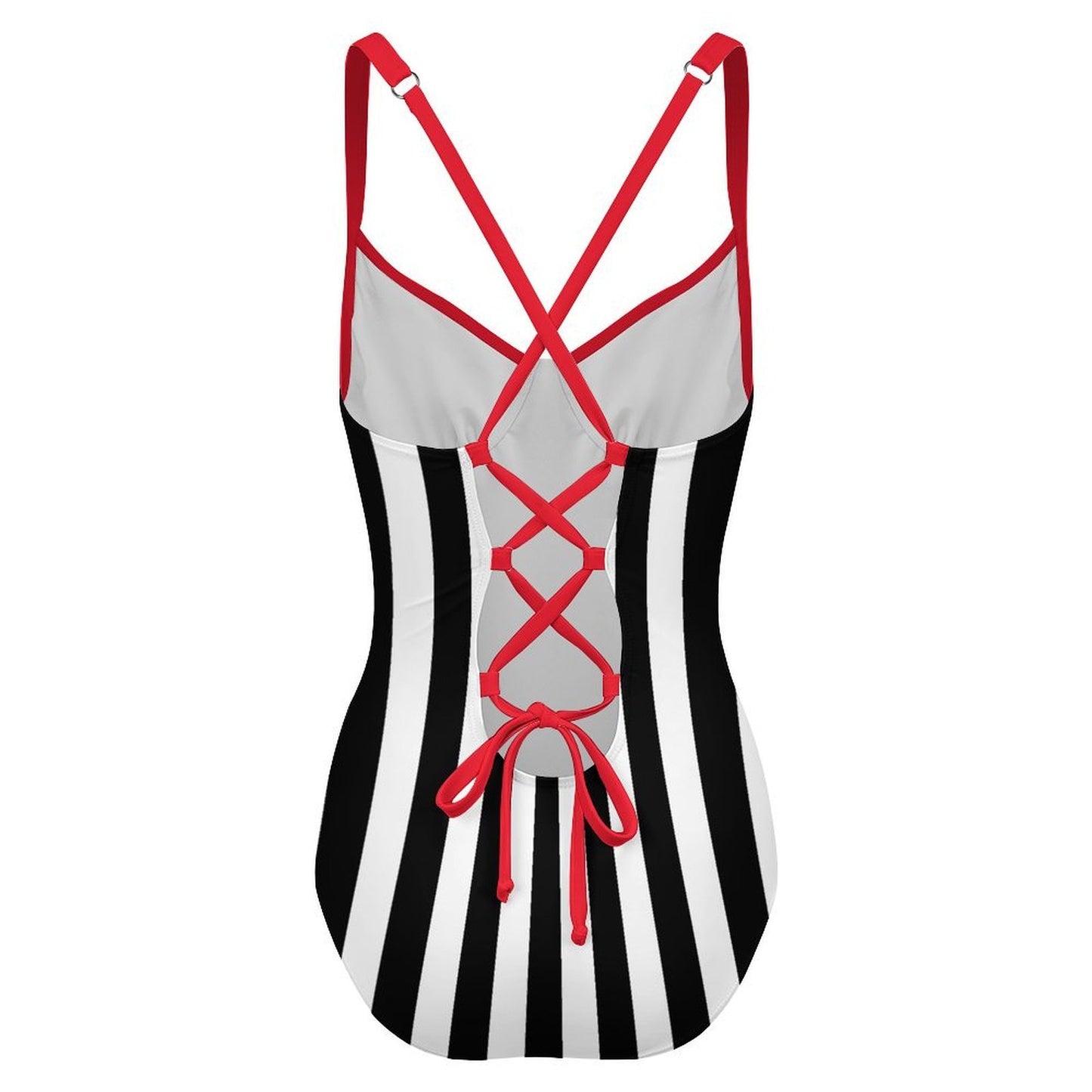 Thin Red Line Flag Inspired Criss Cross Back One Piece Swimsuit