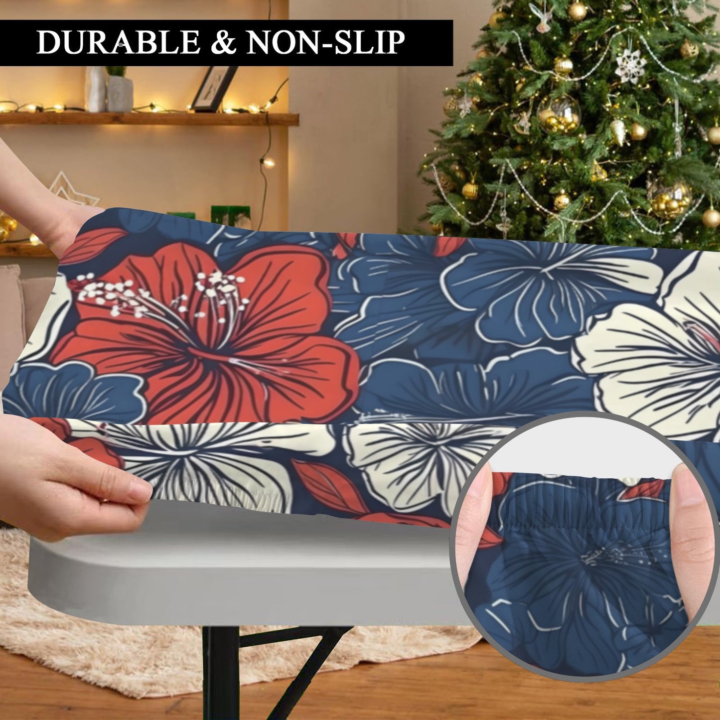 USA/American Flag Inspired Hawaiian Floral Pattern Custom Elastic Fitted Tablecloth 72x30 inch (Made in the USA)