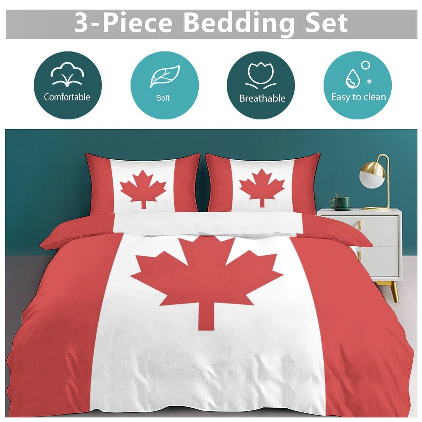 Canada Flag Inspired 3-Piece Bedding Set (1 Duvet Cover + 2 Pillow Shams) – 102"×90"