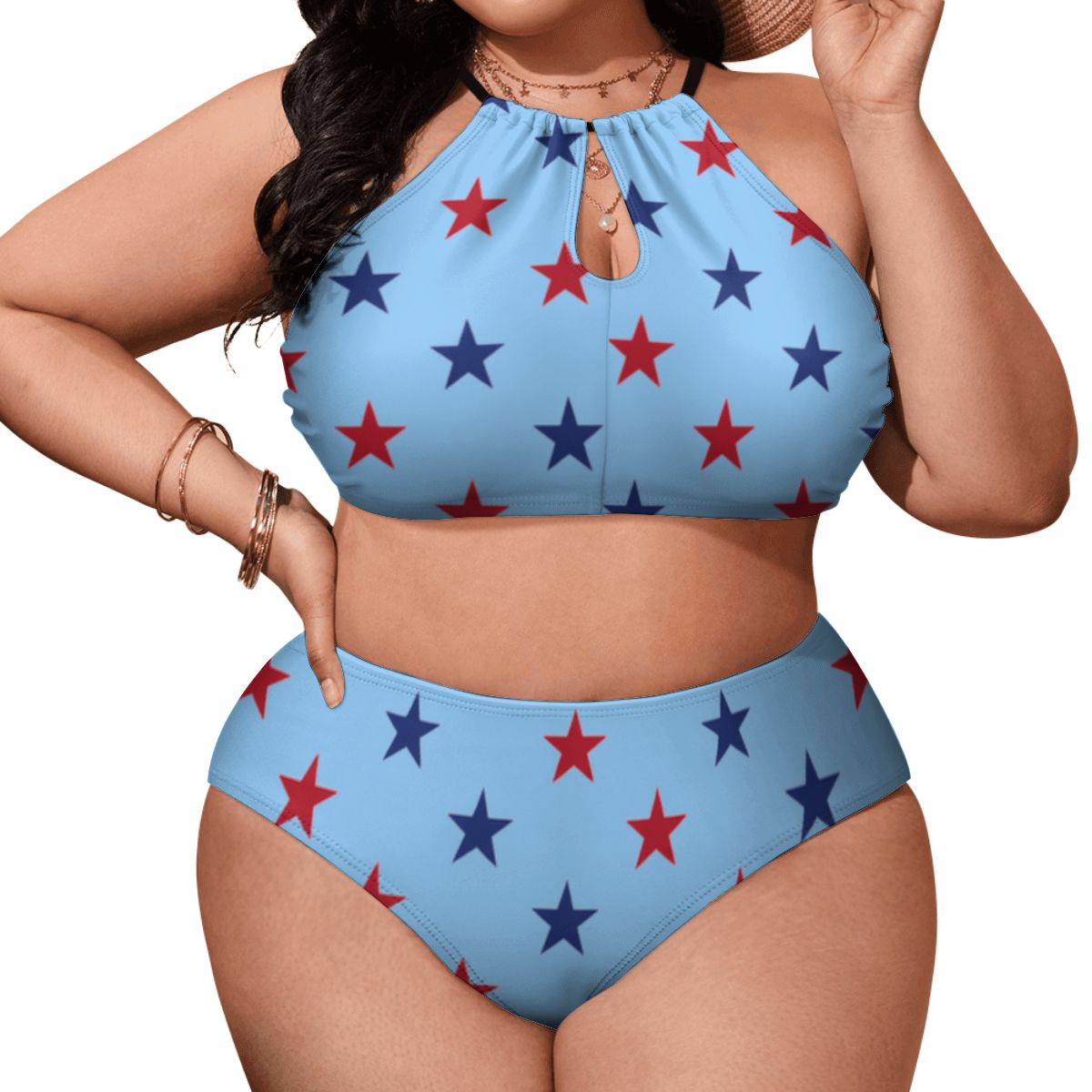 USA/American Flag Inspired Red and Blue Stars Pattern Plus Size High Waisted Bikini Light Blue