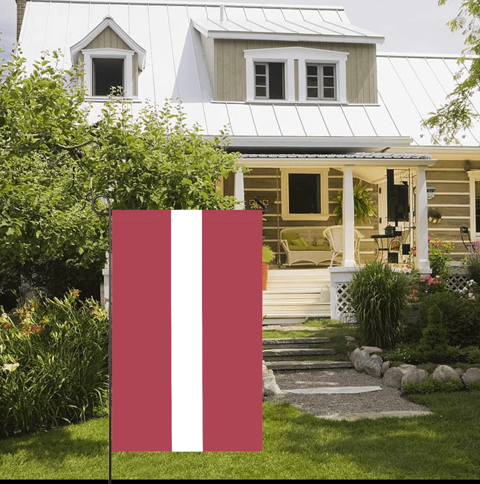 House with Luv My Flag, red and white, garden.