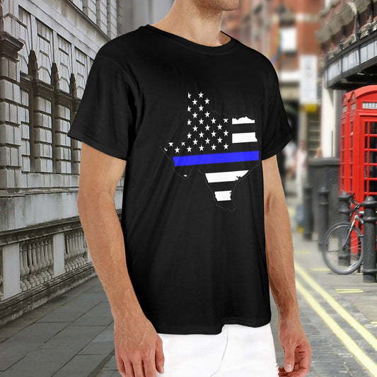 Thin Blue Line Flag Inspired Texas Shape Men’s Heavy Cotton T-Shirt (Made in the USA)