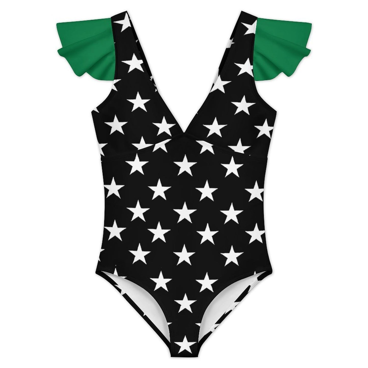 Thin Green Line Flag Inspired Women's V-neck Ruffle Sleeve One Piece Swimsuit