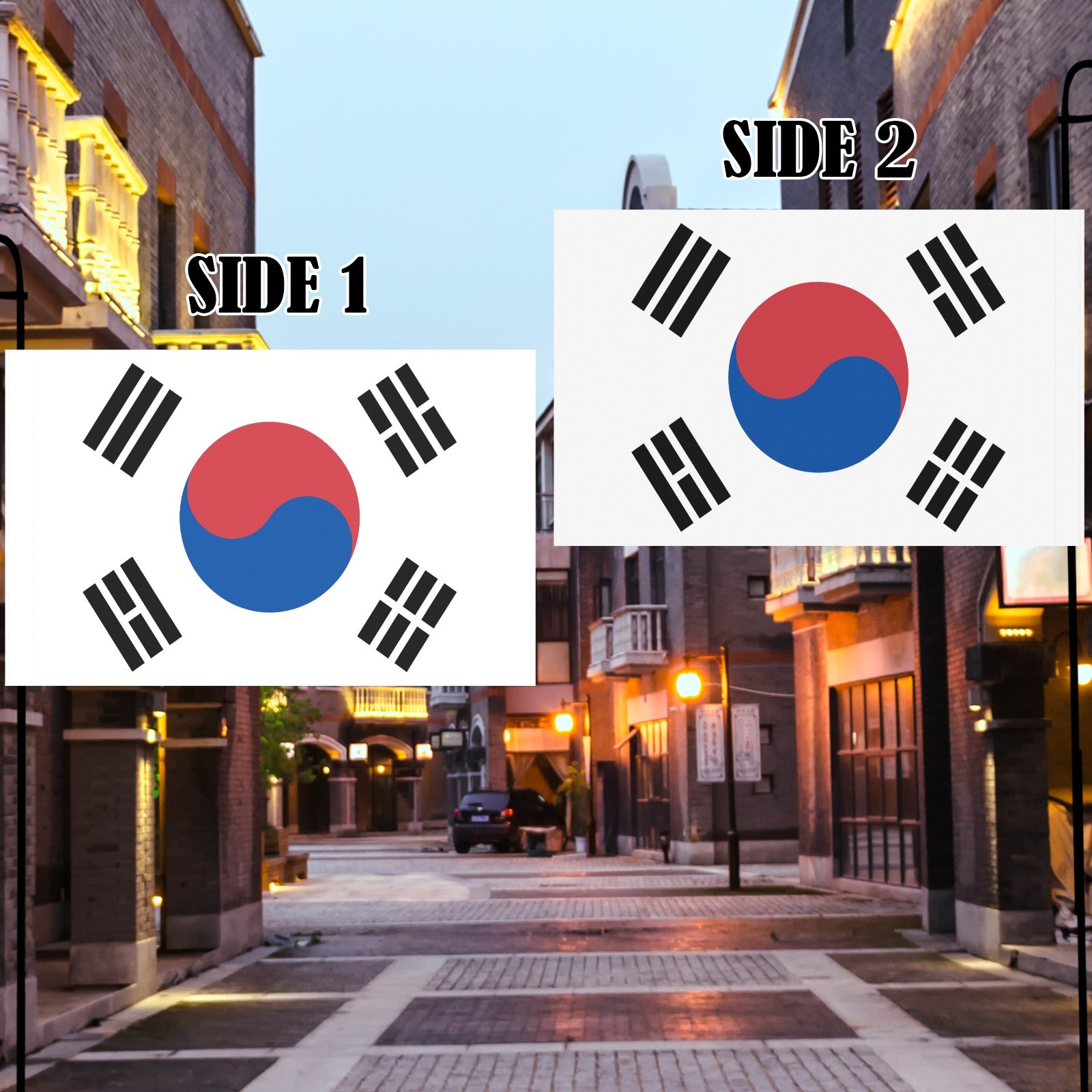 Luv My Flag Korean flags displayed in charming street scene.