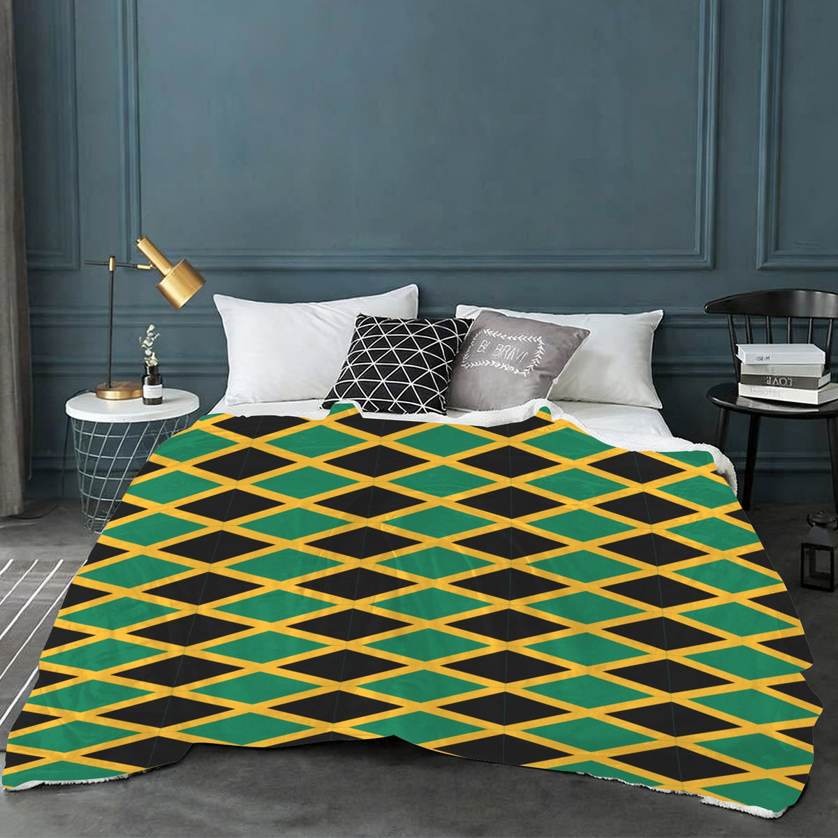 Jamaica Flag Inspired Pattern Sherpa Fleece Blanket 90" x 108" | Prtinted in the USA