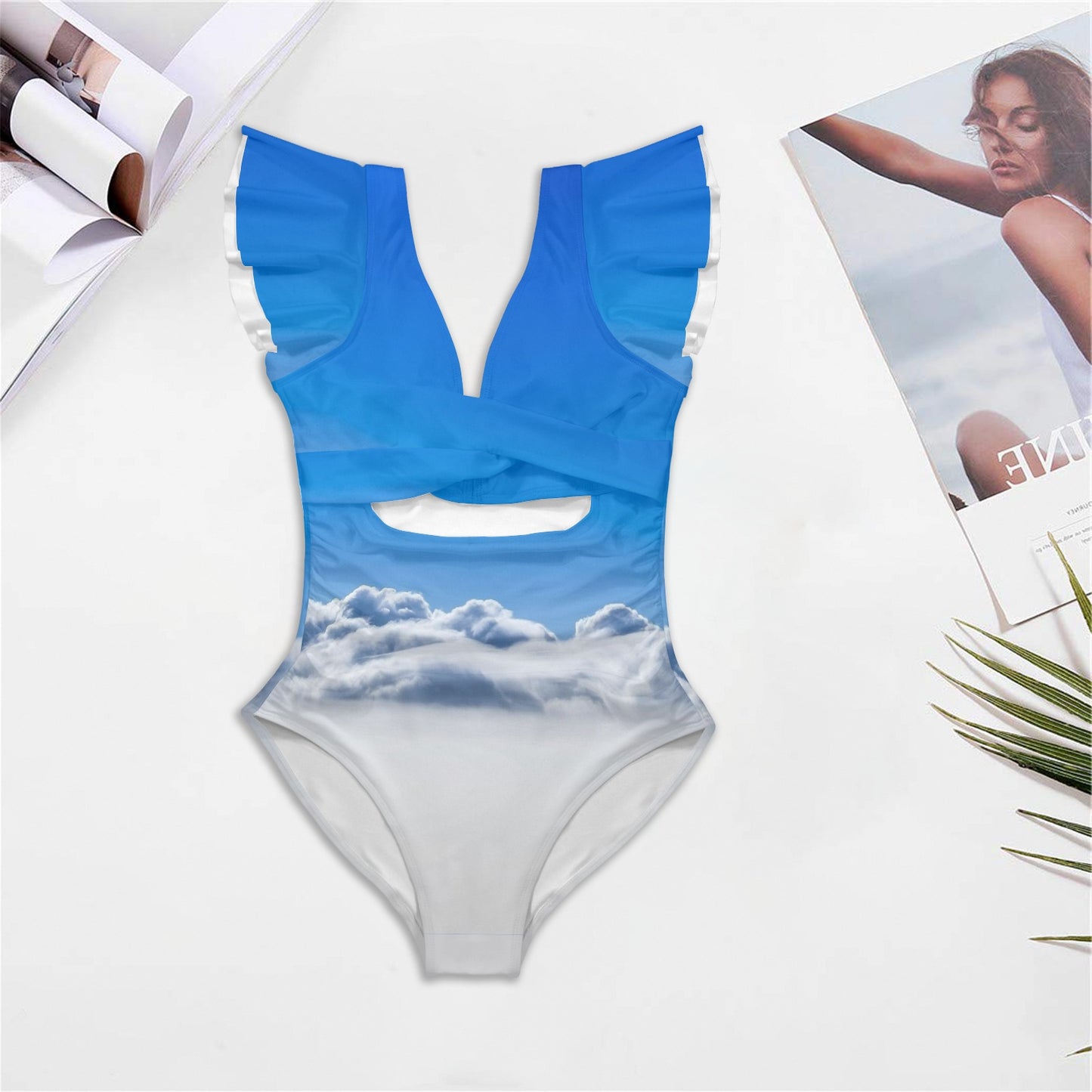 USA/American Flag Inspired Eagle with Cape Women's Twist Front Ruffle Sleeve Swimsuit