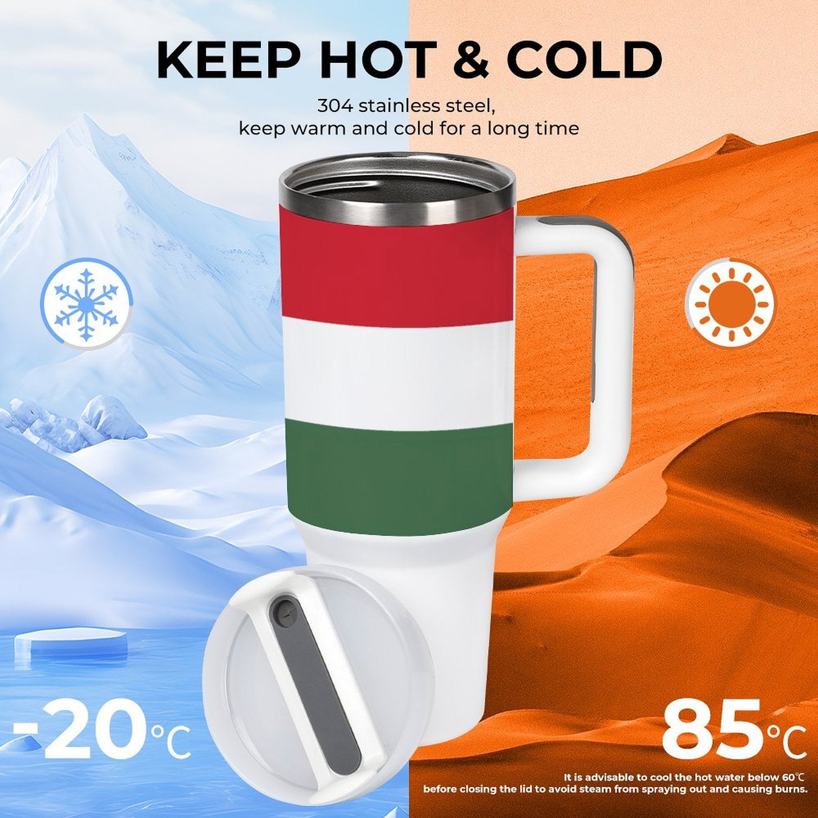 [Brand] insulated mug with handle for hot and cold.
