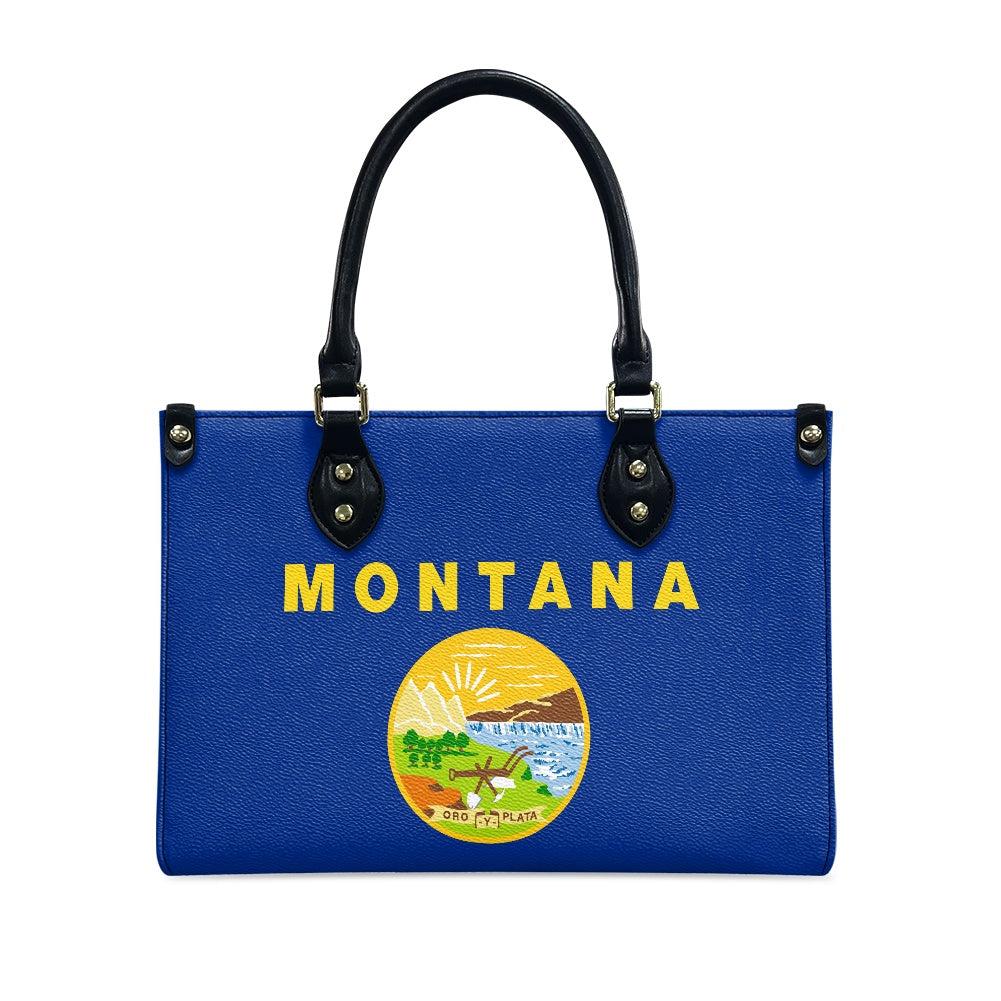 Blue [Brand] handbag featuring Montana state emblem design.