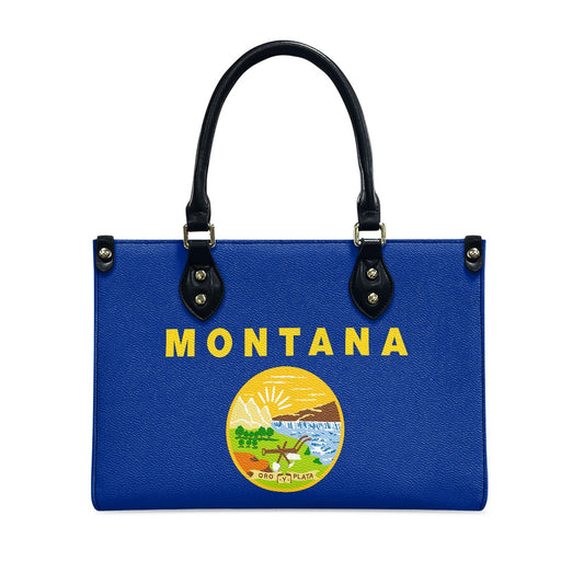 Blue [Brand] handbag featuring Montana state emblem design.