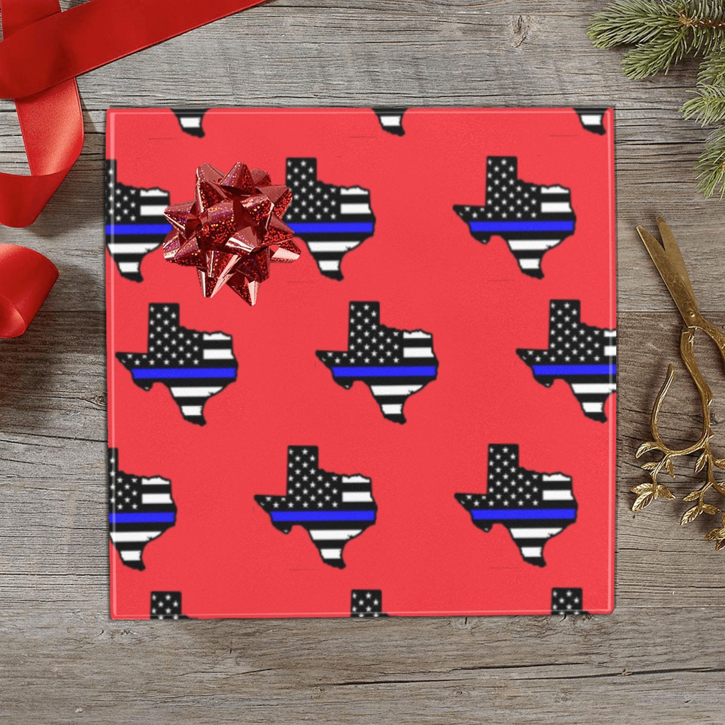 Thin Blue Line Flag Inspired Texas Shape Custom Gift Wrapping Paper 58"x 22.5" (4 Rolls)