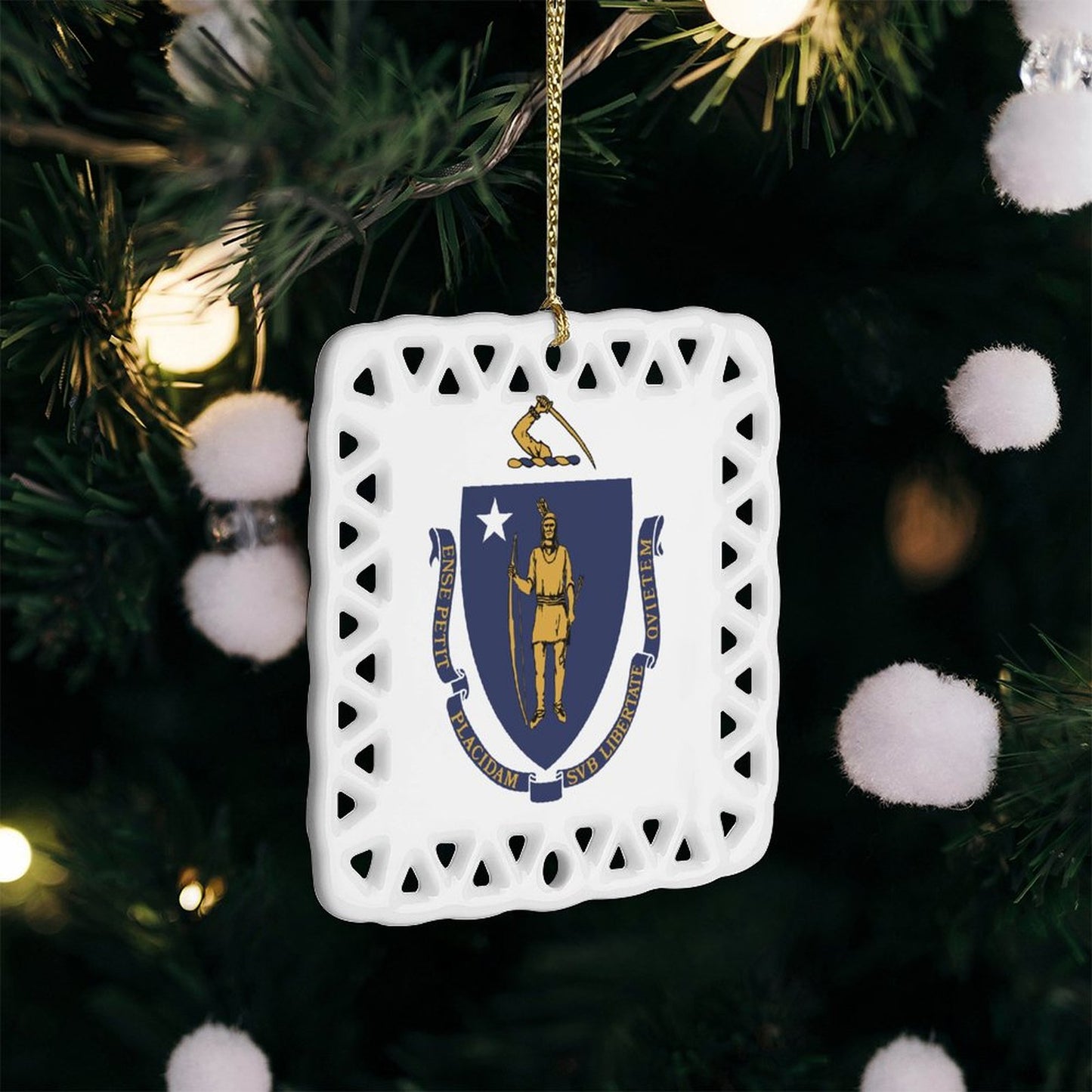Massachusetts Flag Inspired Square Ceramic Ornament Made in the USA