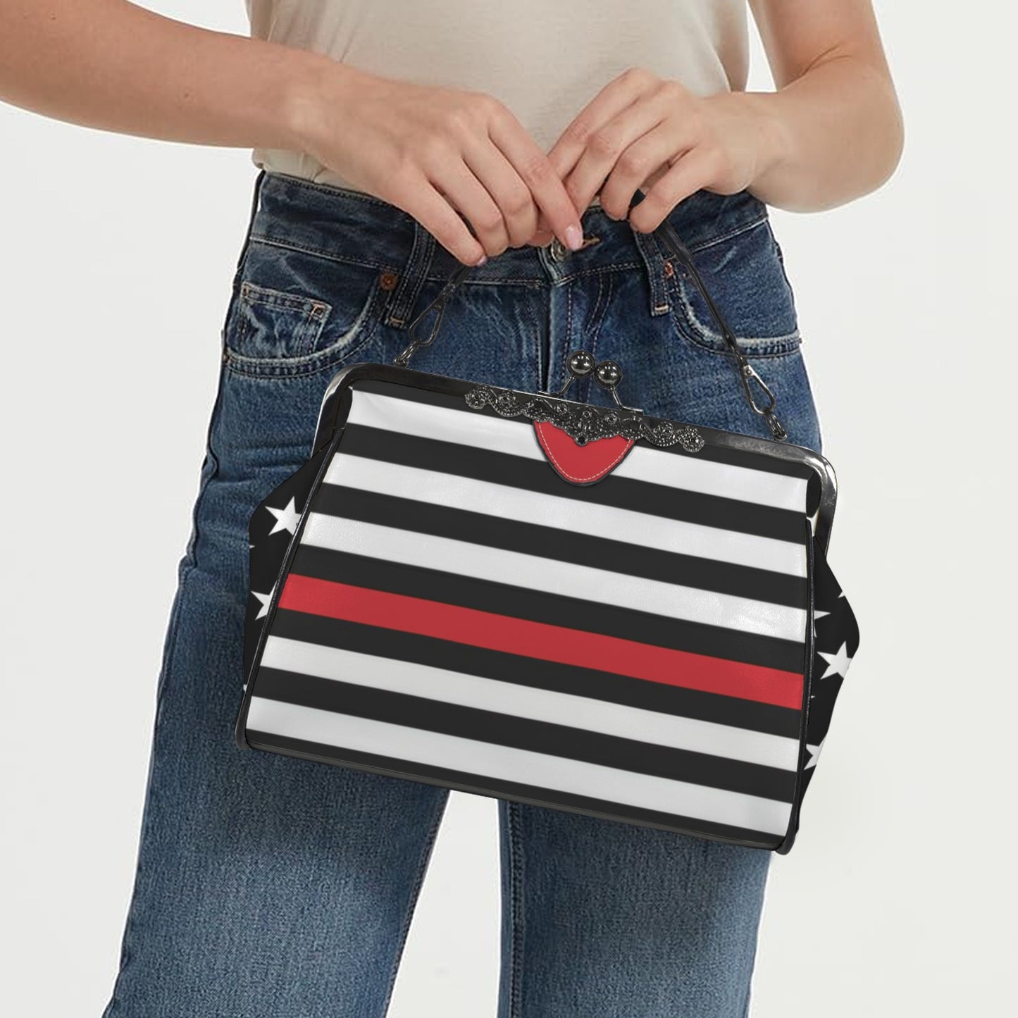 Thin Red Line Flag Inspired Kisslock Crossbody Shoulder Bag