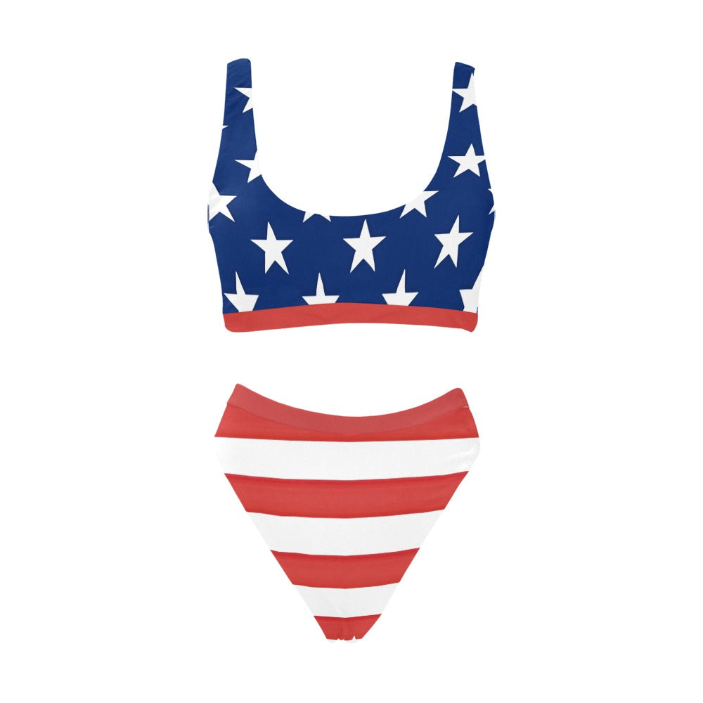 USA/American Flag Inspired Sport Top & High-Waisted Bikini Swimsuit