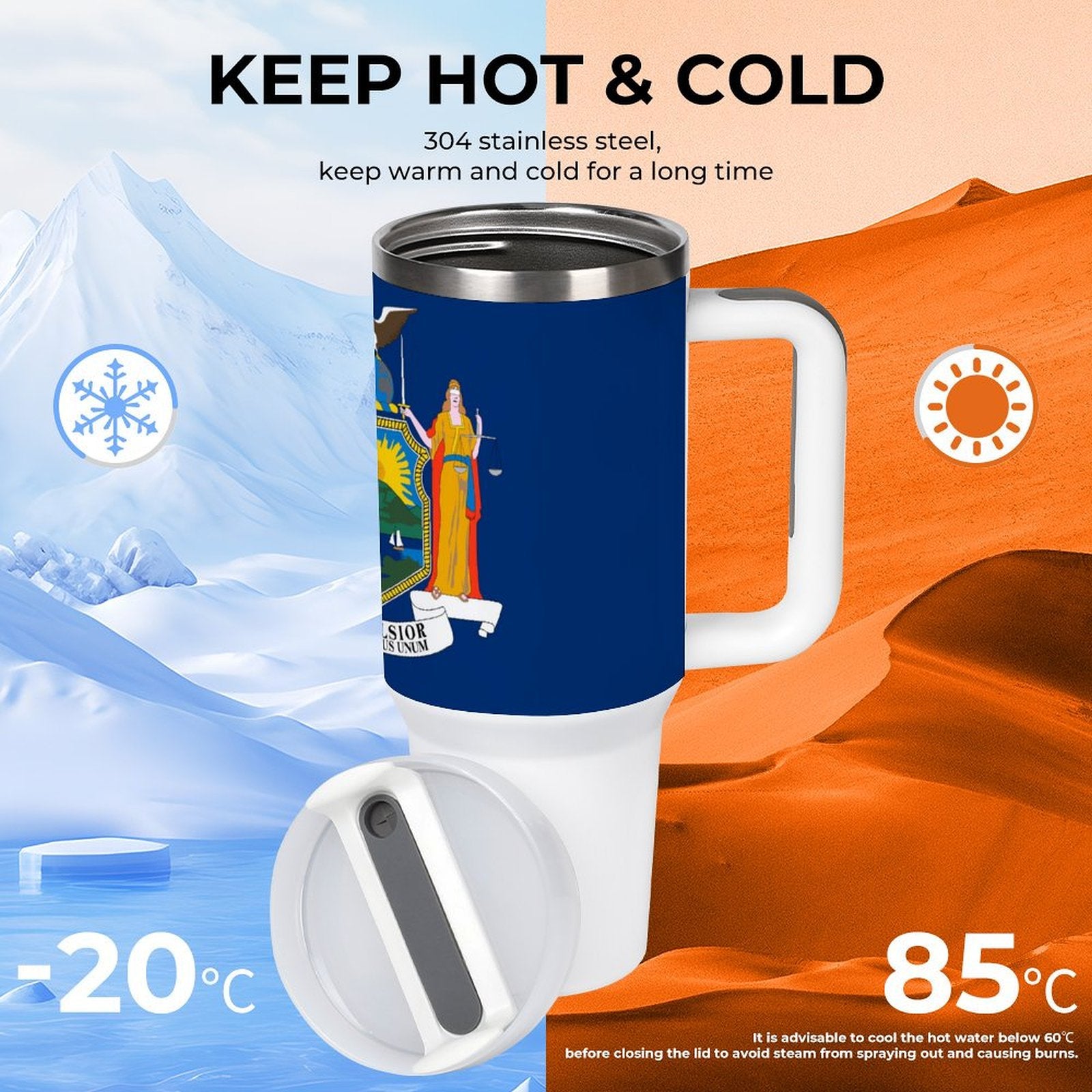 [Brand] insulated mug keeps beverages hot or cold effectively.