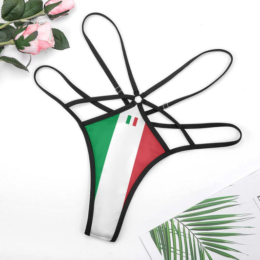 Strappy Italian flag bikini bottom by [Brand], floral background.