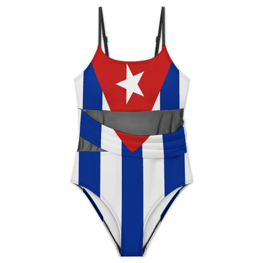 Cuba Flag Inspired Women's Square Neck Mesh Spliced One Piece Swimsuit