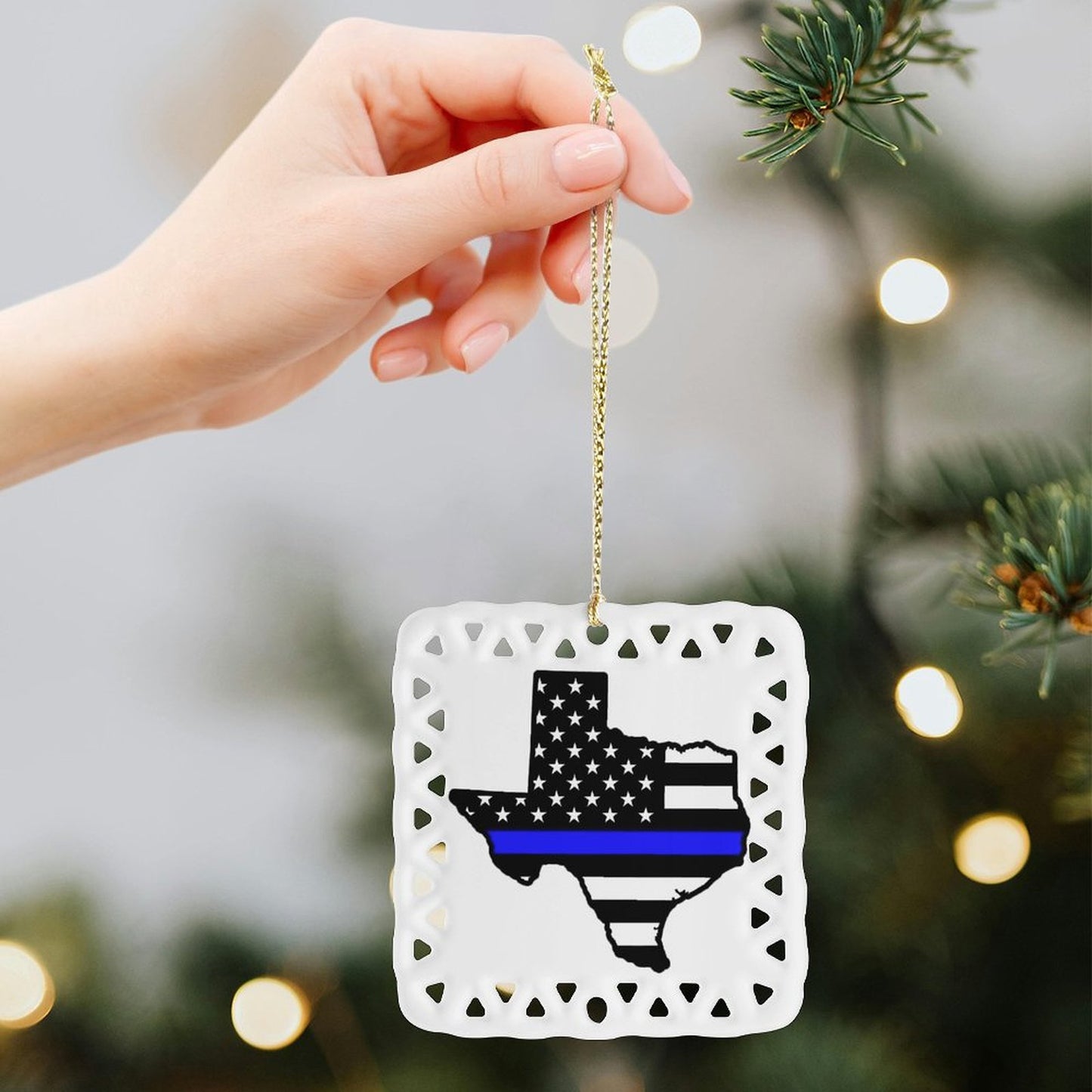 Thin Blue Line Flag Inspired Texas Shape Square Ceramic Ornament Made in the USA