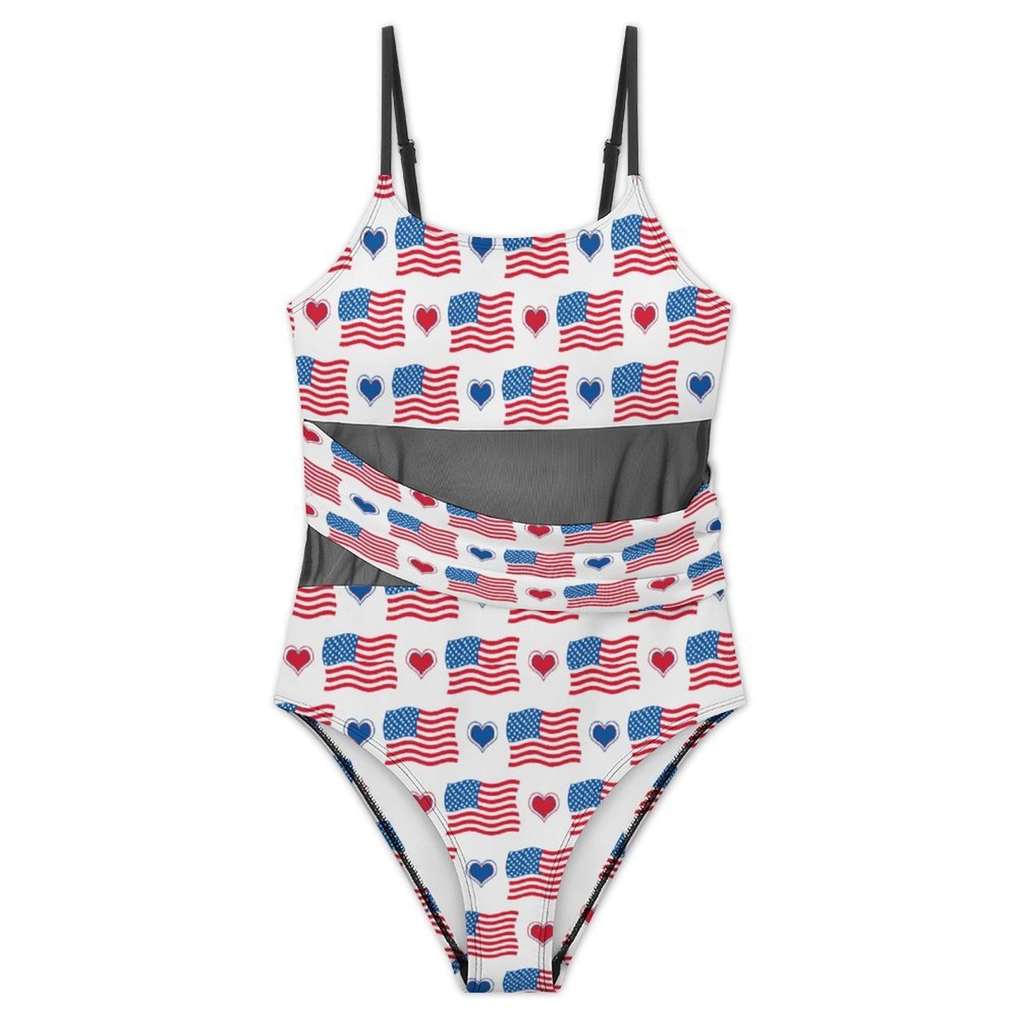 USA/American Flag Inspired Flag and Hearts & Flags Pattern Women's Square Neck Mesh Spliced One Piece Swimsuit