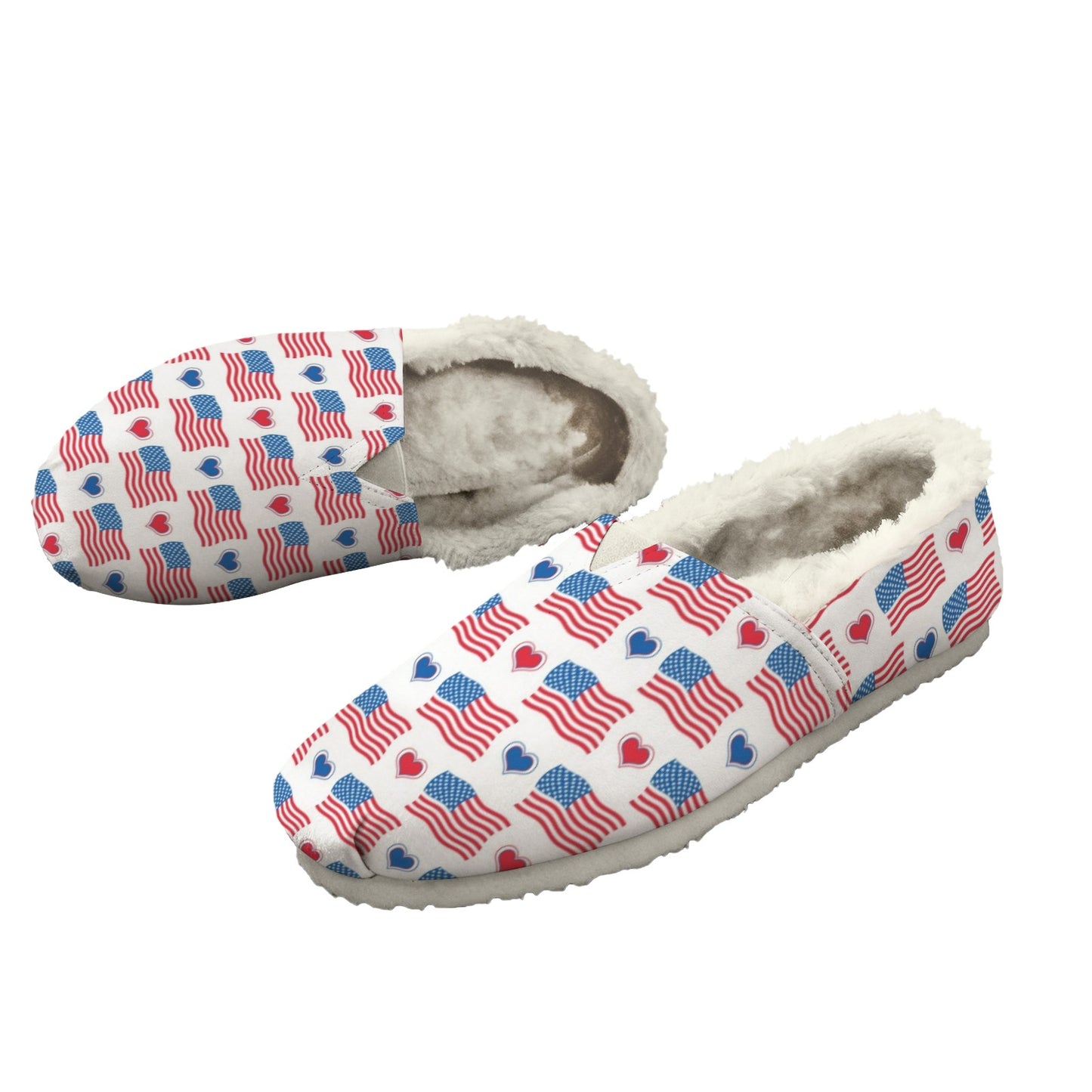 USA/American Flag Inspired Flag and Hearts Pattern Women's Fleece-Lined Canvas Slip-On