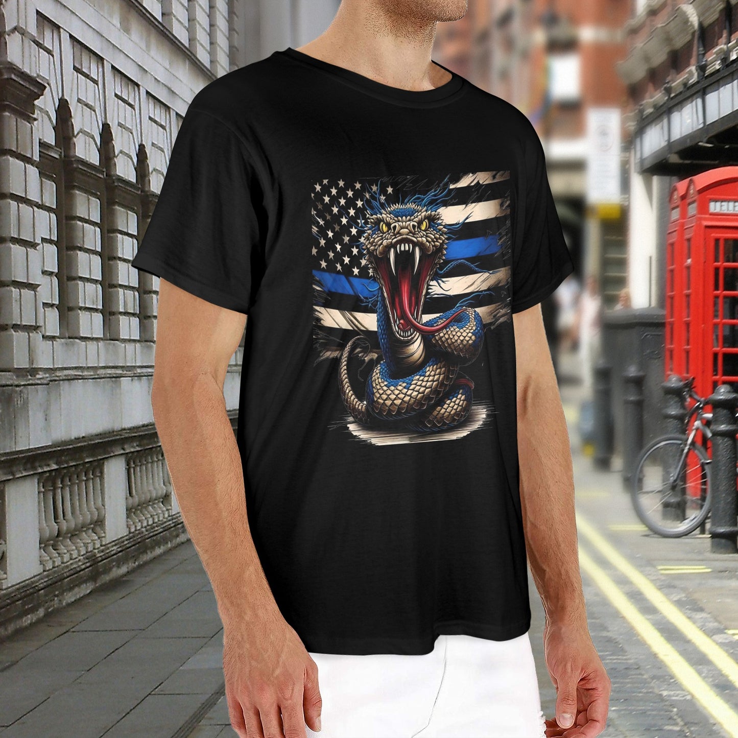 Thin Blue Line Flag Inspired Snake Men's Heavy Cotton T-Shirt (Made in the USA)