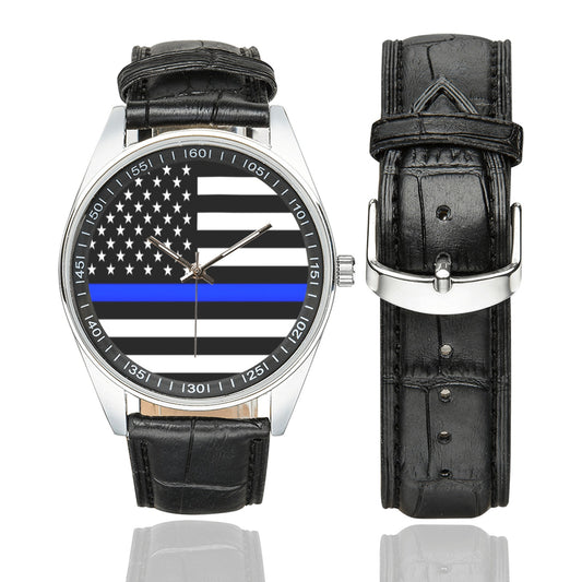 Thin Blue Line Flag Men's Casual  Leather Strap Watch