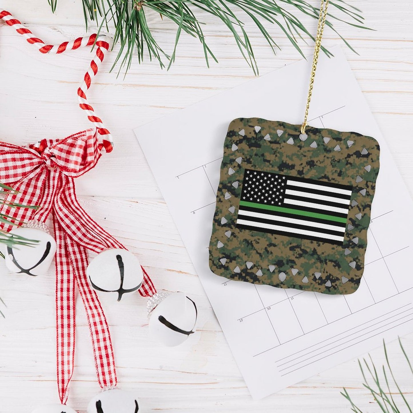 Thin Green Line Flag On Digital Camo Square Ceramic Ornament (Made in the USA)