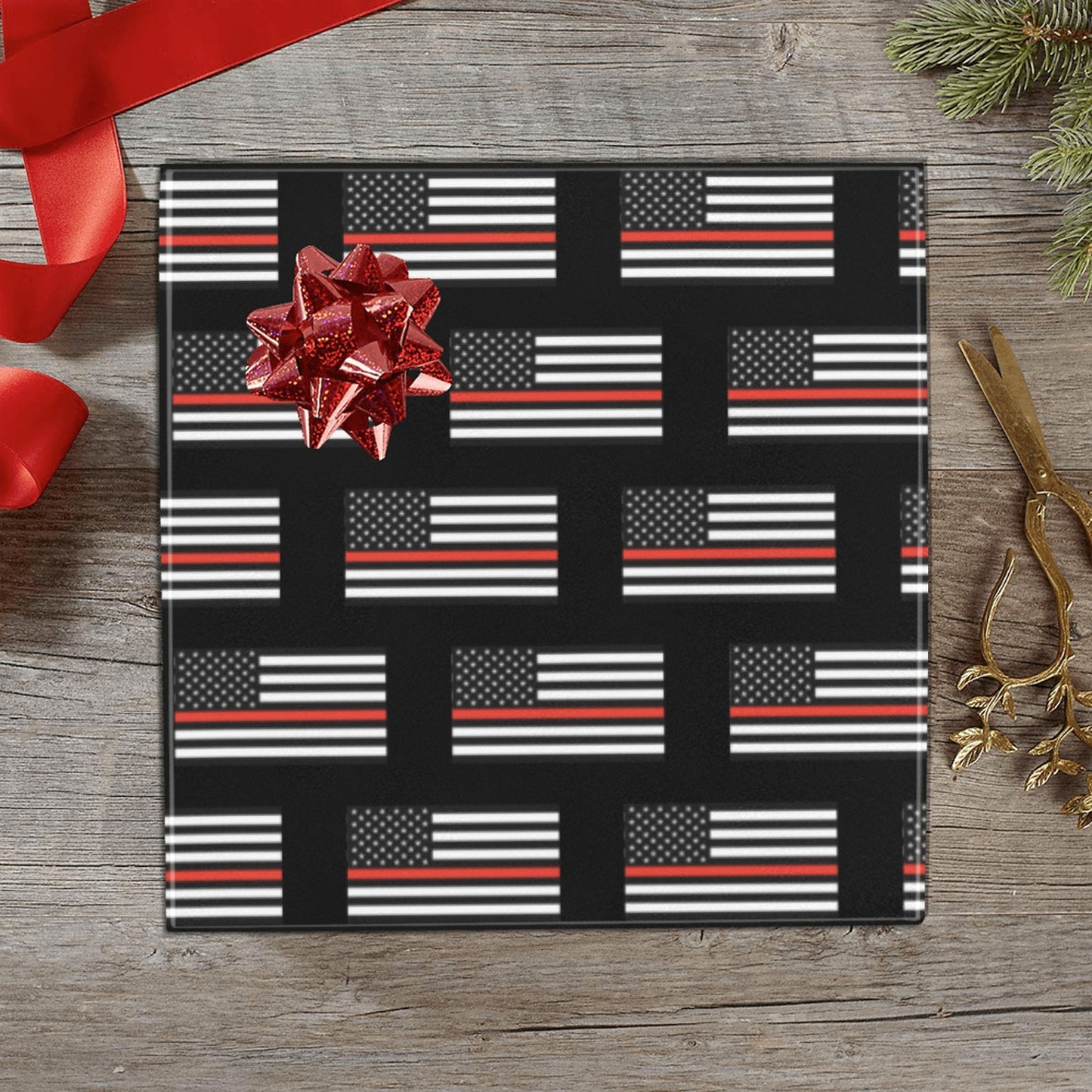 Thin Red Line Flag Inspired Custom Gift Wrapping Paper 58"x 22.5" (4 Rolls)