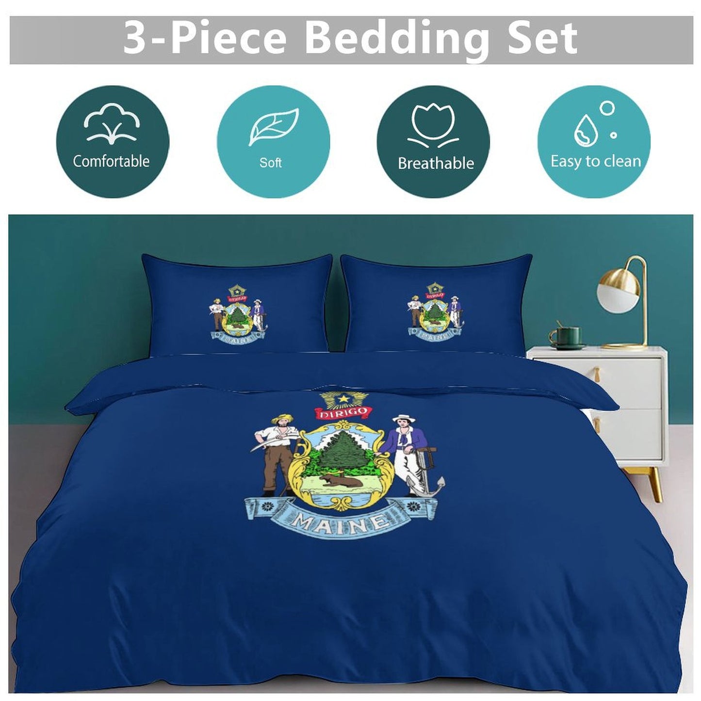 Maine Flag Inspired 3-Piece Bedding Set (1 Duvet Cover + 2 Pillow Shams) – 102"×90"