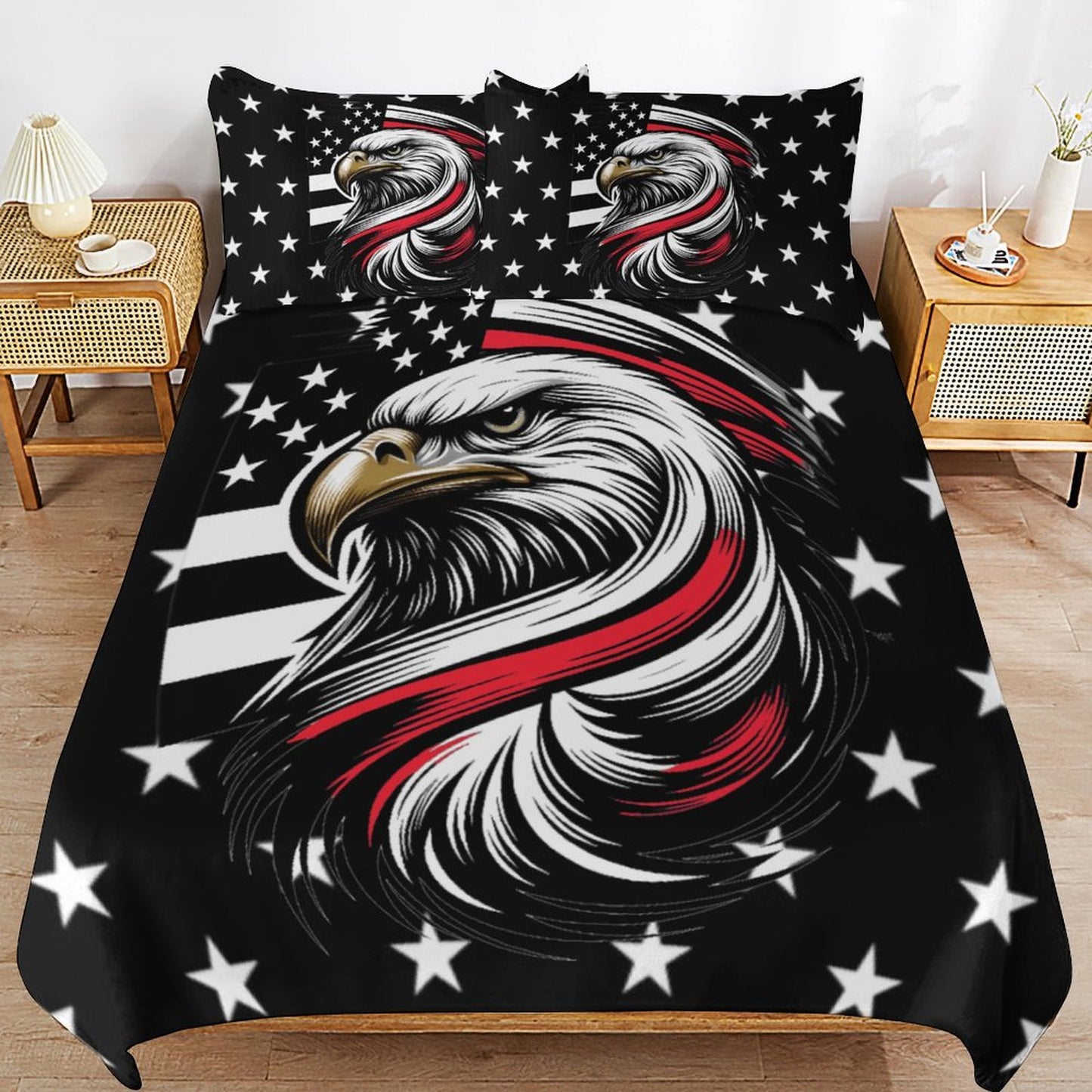 Thin Red Line Flag Inspired Eagle 3-Piece Bedding Set (1 Duvet Cover + 2 Pillow Shams) – 102"×90"