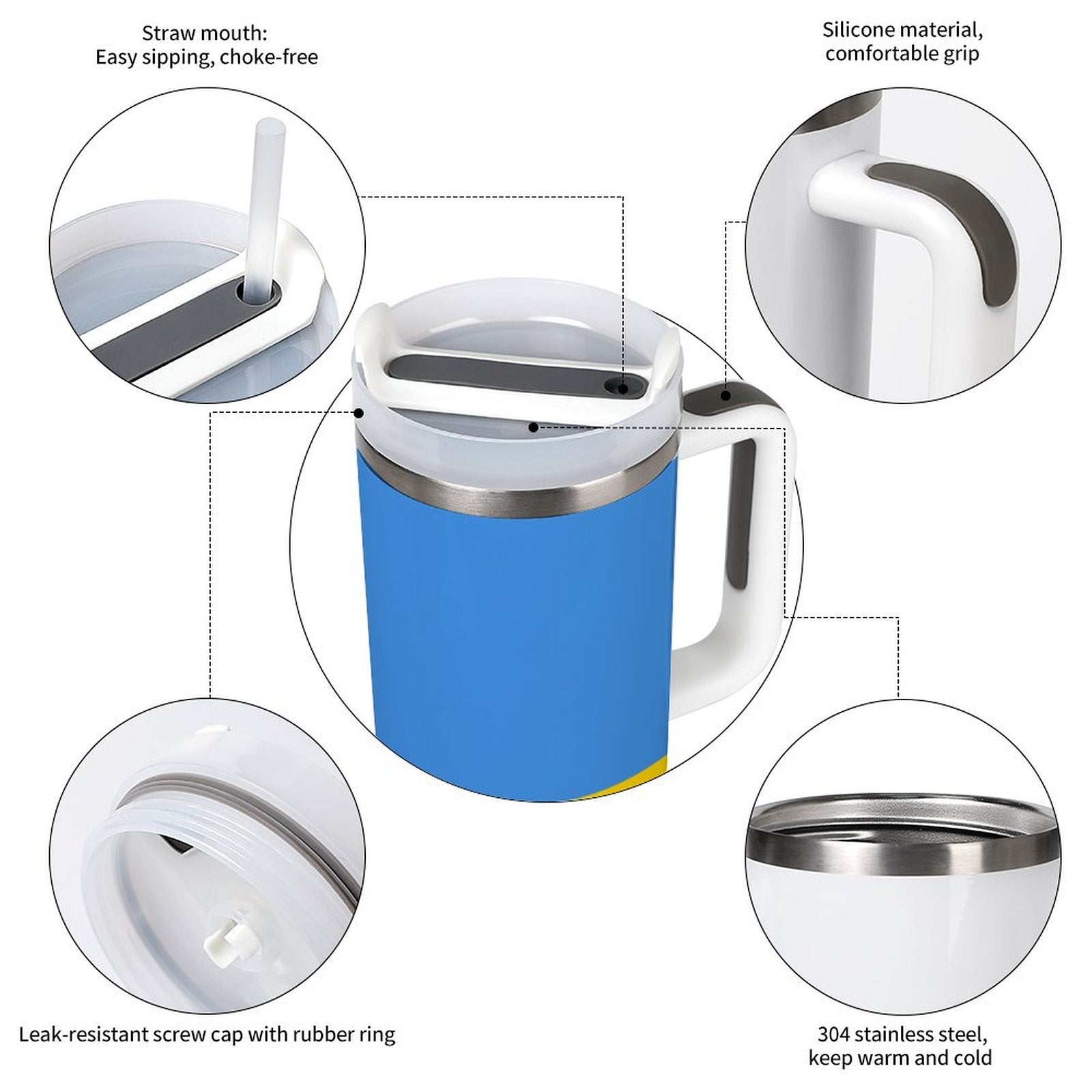 Blue [Brand] tumbler with silicone grip, straw mouthpiece, steel.