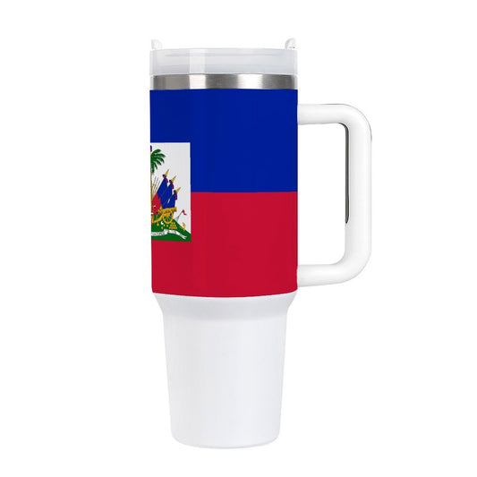 Travel mug with Haitian flag, white handle, [Brand].