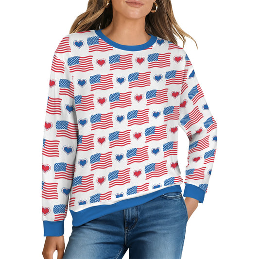 USA/American Flag Inspired Flag and Hearts Pattern Women's Crew Neck Sweater Printed in the USA