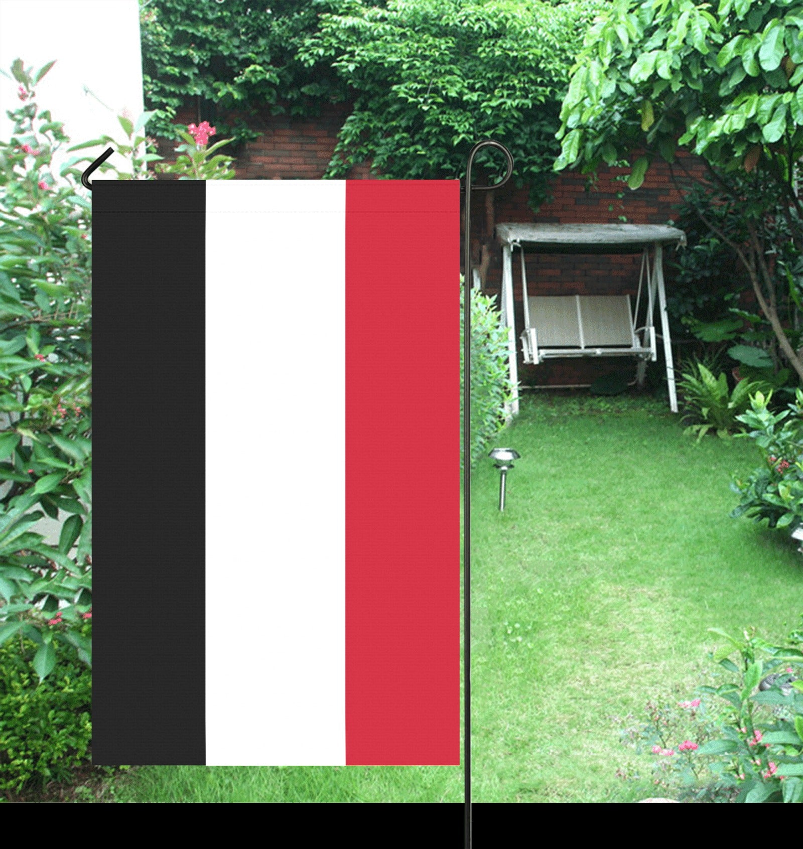 Luv My Flag garden flag featuring red, white, black stripes.