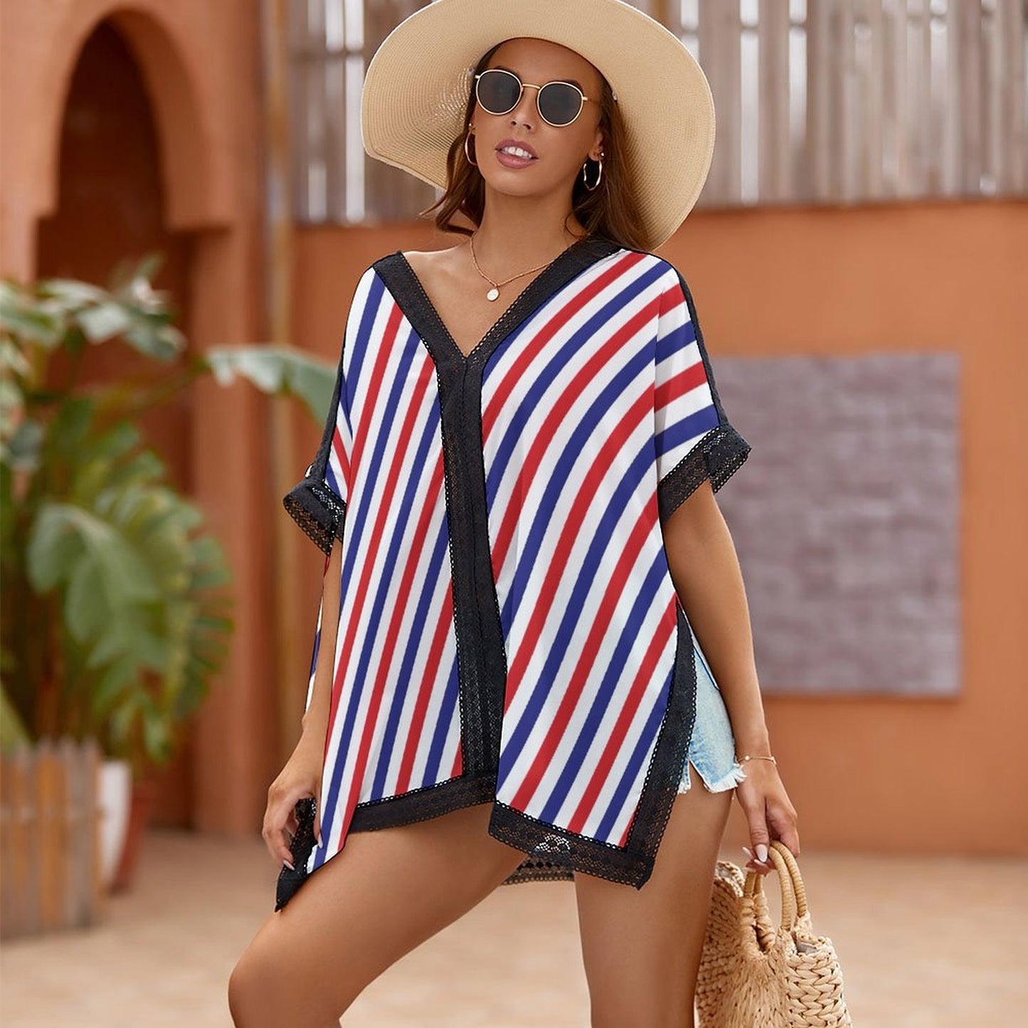 USA/American Flag Inspired Diagonal Stripes Pattern Custom Women's Beach Swim Cover Up