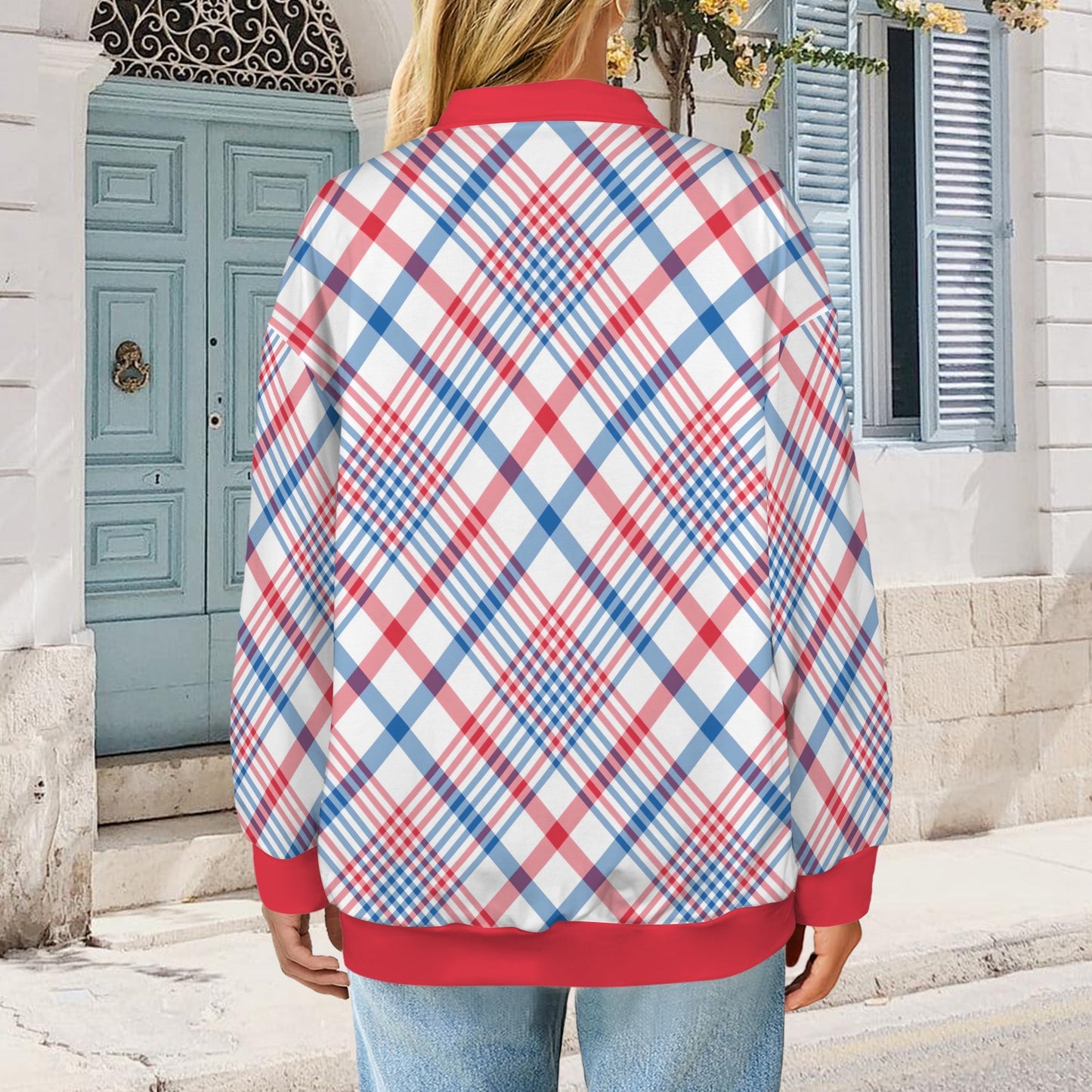 USA/American Flag Plaid Pattern Women's Quarter Zip Pullover Sweatshirt