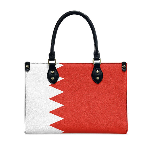 Red and white handbag with [Luv My Flag] branding.