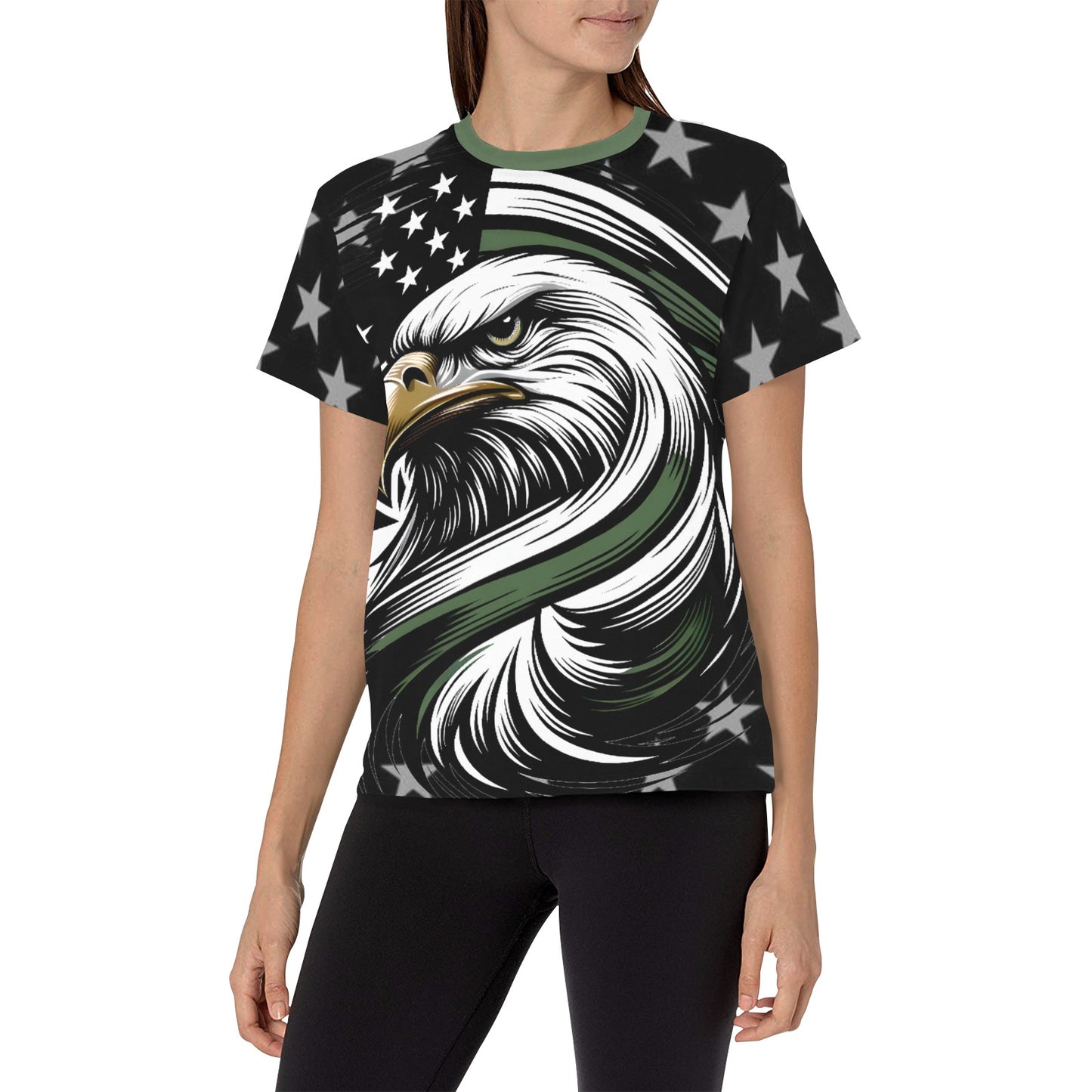 Thin Green Line Flag Inspired Eagle Women's All Over Print Crew Neck T-Shirt(T40-2)(Made in Queens)