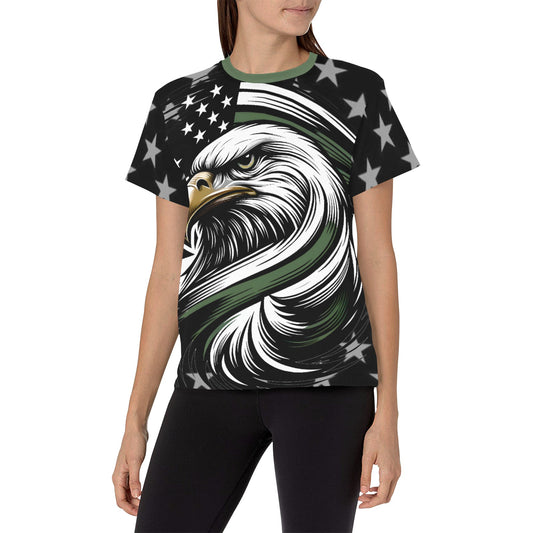 Thin Green Line Flag Inspired Eagle Women's All Over Print Crew Neck T-Shirt(T40-2)(Made in Queens)