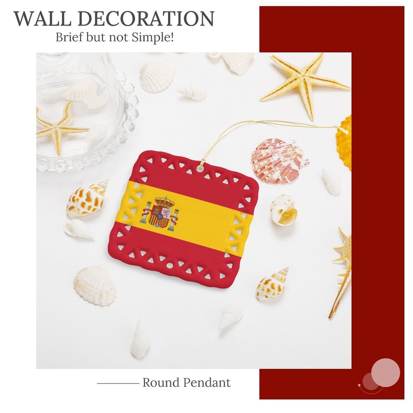 Spain Flag Inspired Square Ceramic Ornament Made in the USA