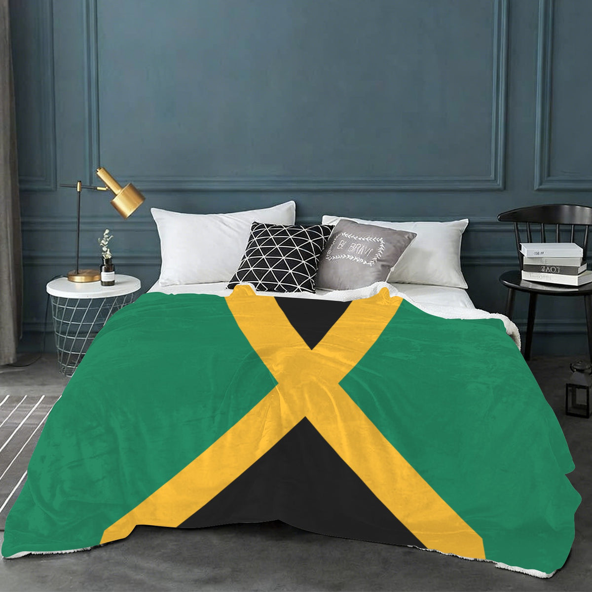 Jamaica Flag Inspired Sherpa Fleece Blanket 90" x 108" | Prtinted in the USA
