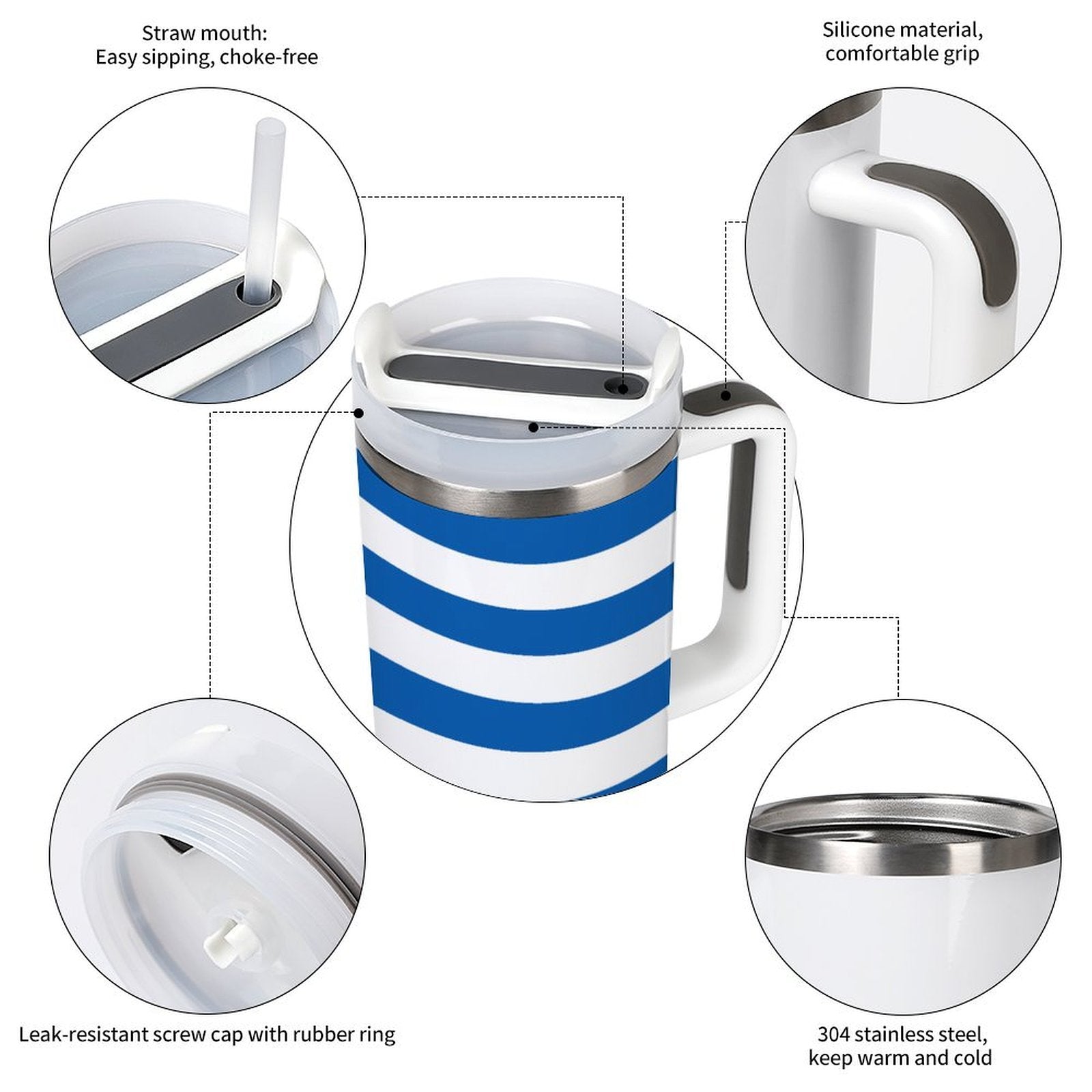 [Brand] tumbler with blue stripes, featuring a straw lid.