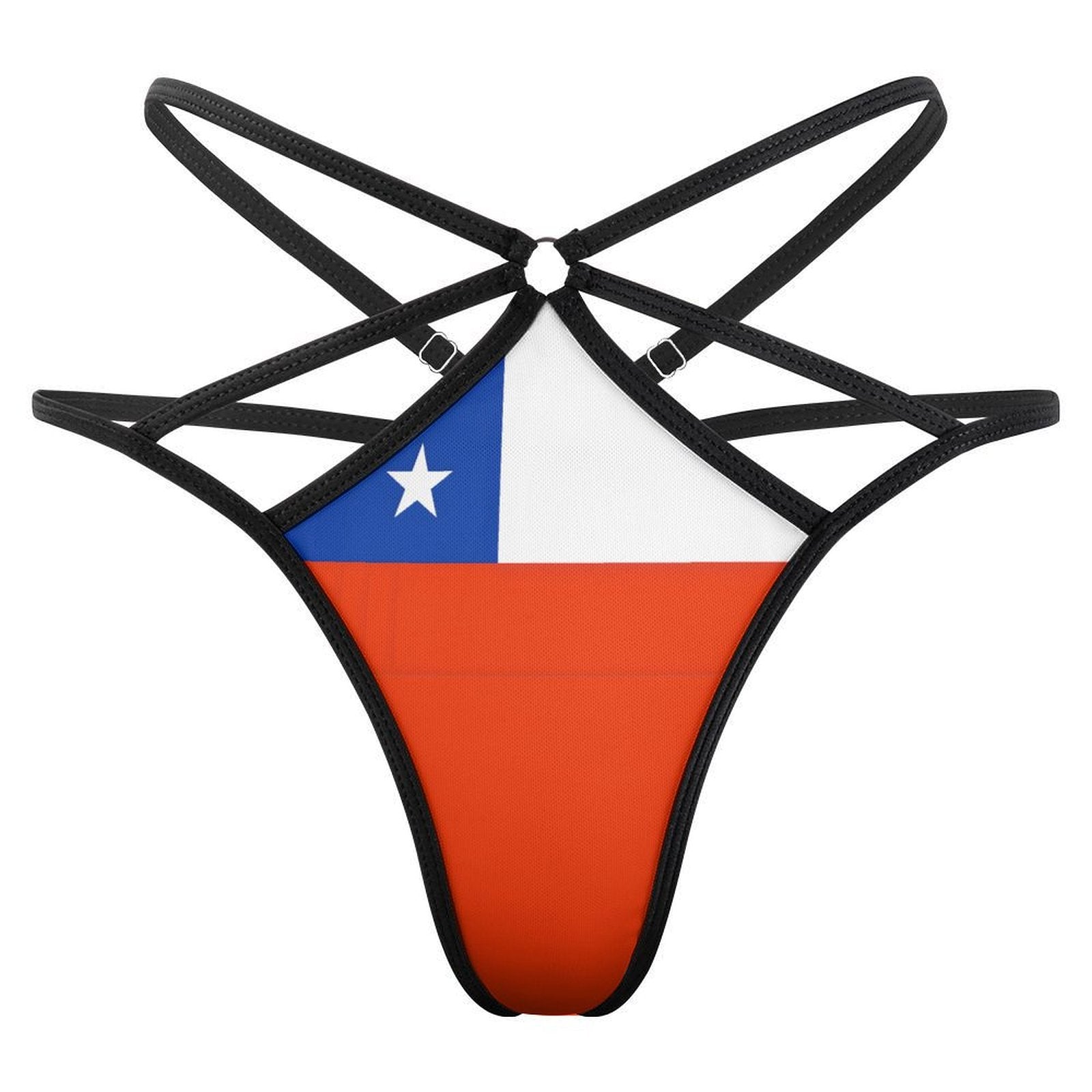 Black strappy bikini with Chilean flag design; [Brand] swimwear.