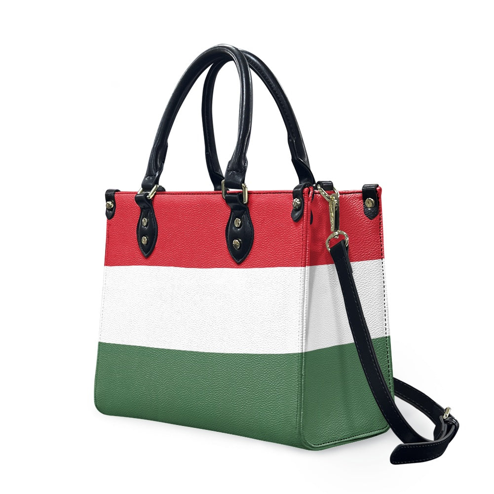 [Brand] handbag with red, white, green striped design, strap.