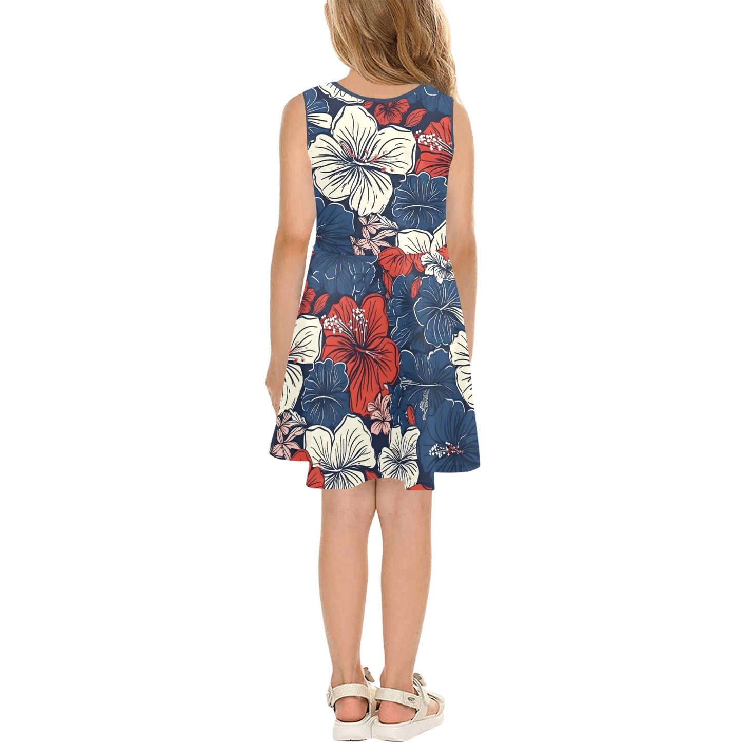 USA/American Flag Inspired Hawaiian Floral Pattern Girls' Sleeveless Sundress | Ships from USA