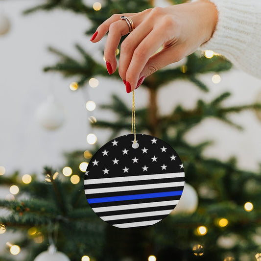 Thin Blue Line Flag Inspired Circle Ceramic Ornament Made in USA Circle Ceramic Ornament (Made in USA)