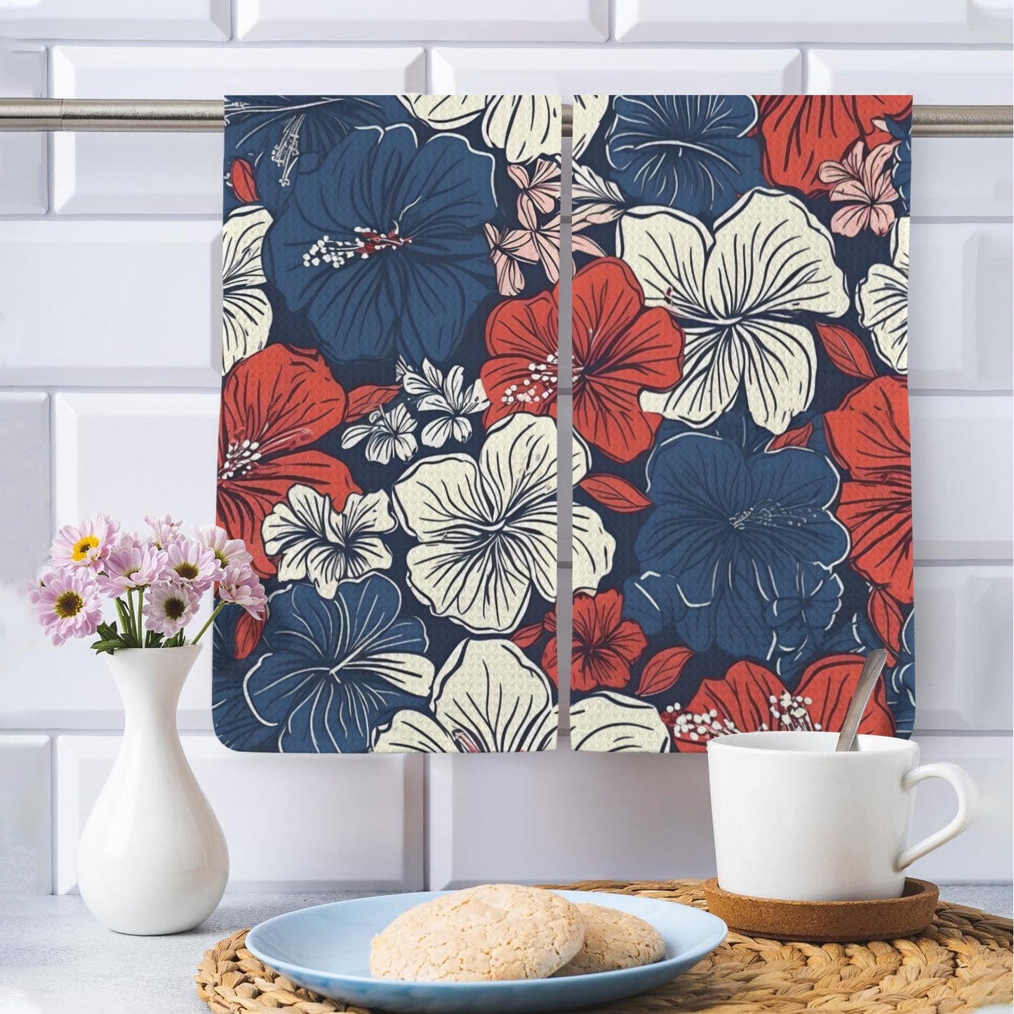 USA/American Flag Inspired Hawaiian Floral Pattern Kitchen Towel 40X60cm (Pack of 2) (Made in the USA)