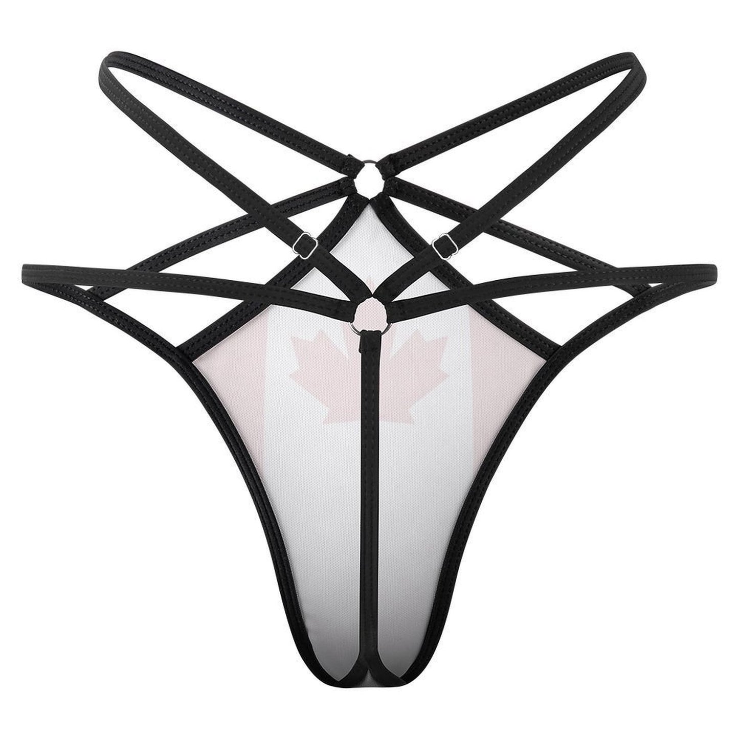 Black strappy lingerie by [Brand] with subtle Canadian motif.