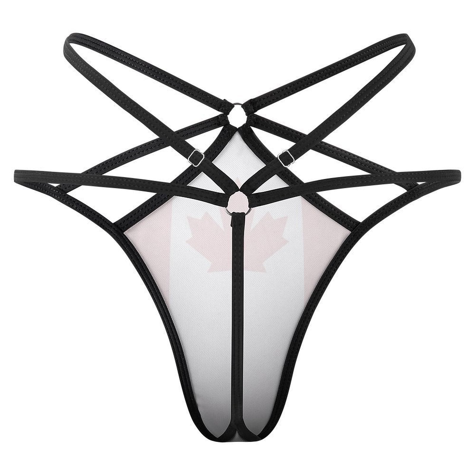 Black strappy lingerie by [Brand] with subtle Canadian motif.
