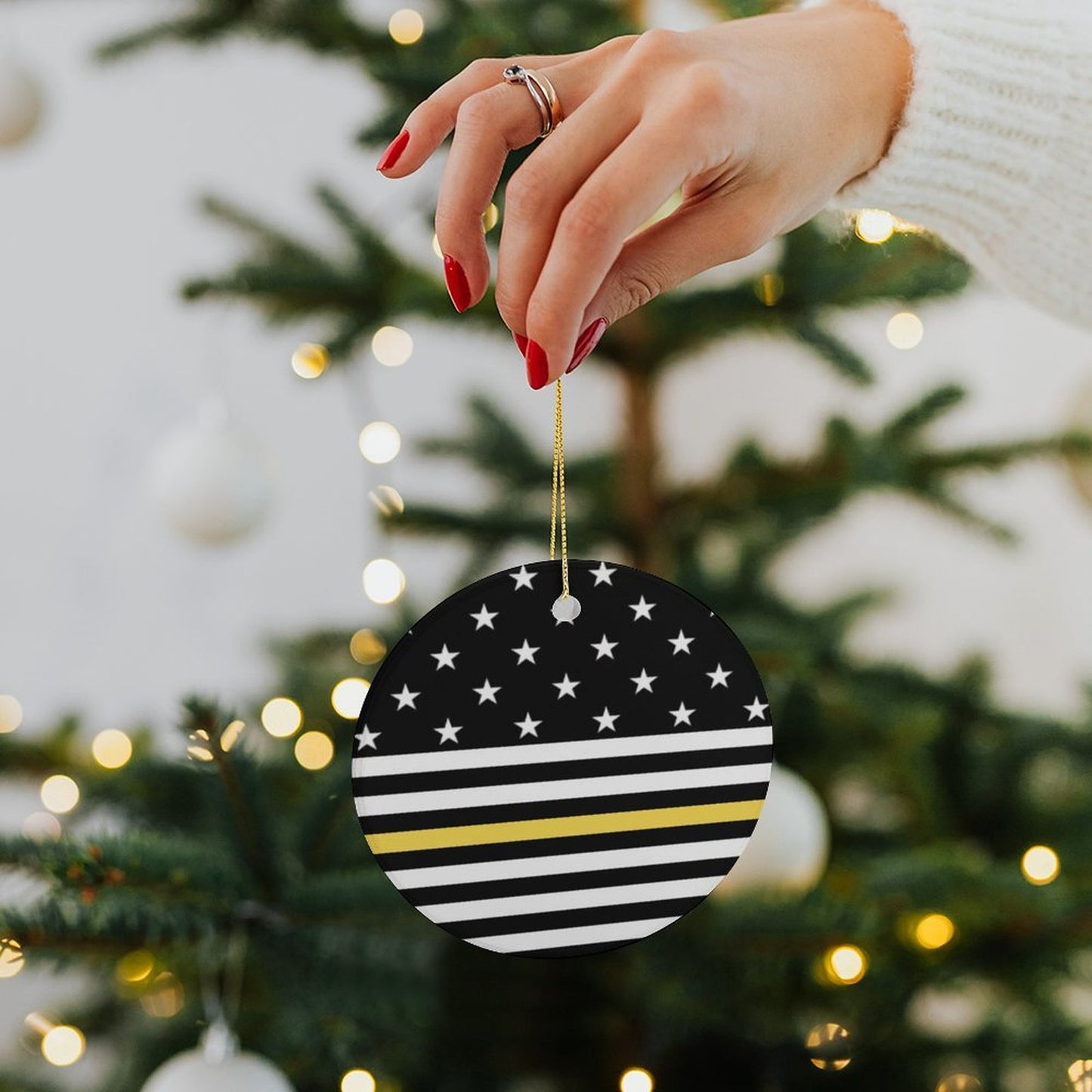 Thin Gold Line Flag Inspired Circle Ceramic Ornament Made in USA Circle Ceramic Ornament (Made in USA)